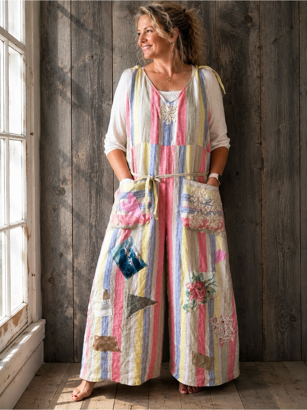 OOAK Striped Wide-Leg boho Jumpsuit overalls Patchwork Pockets Cottagecore OSFM